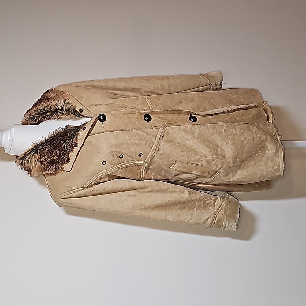 Morricci Coat Jacket Penny Lane Lined Faux Suede Faux Fur Collar Pockets Tan L - Picture 2 of 12